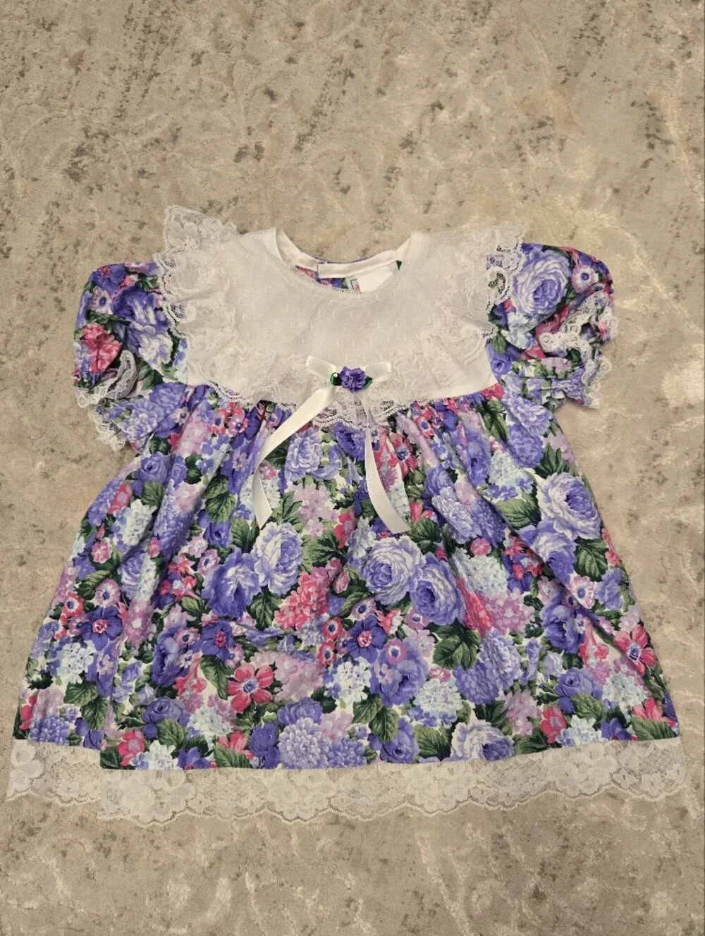 Vintage 1990s Purple Pink Floral Lace Collar Special Occasion Dress